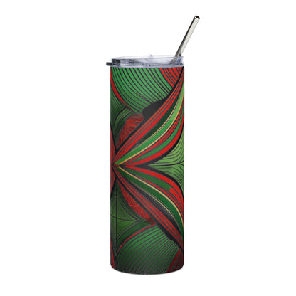 LuckeLadybug stainless steel African inspired tumbler with green and red abstract pattern and metal straw