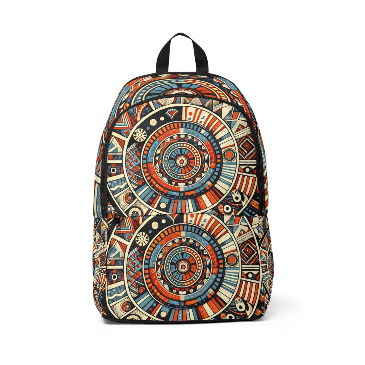 LuckeLadybug African print backpack for school with colorful circular tribal patterns and front pocket