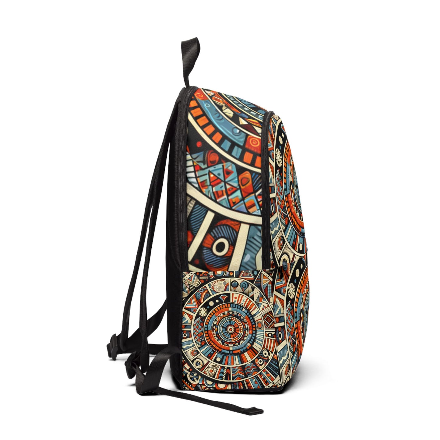 African print backpack for school with colorful geometric patterns and adjustable black straps