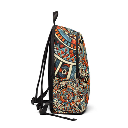 African print backpack for school with colorful geometric patterns and adjustable black straps