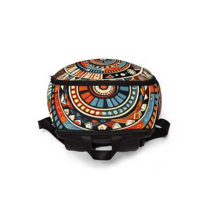 African print backpack for school with colorful circular tribal patterns and black straps