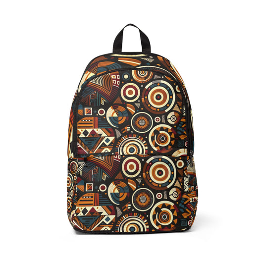 LuckeLadybug African print backpack with vibrant geometric circular and triangular patterns in earthy tones