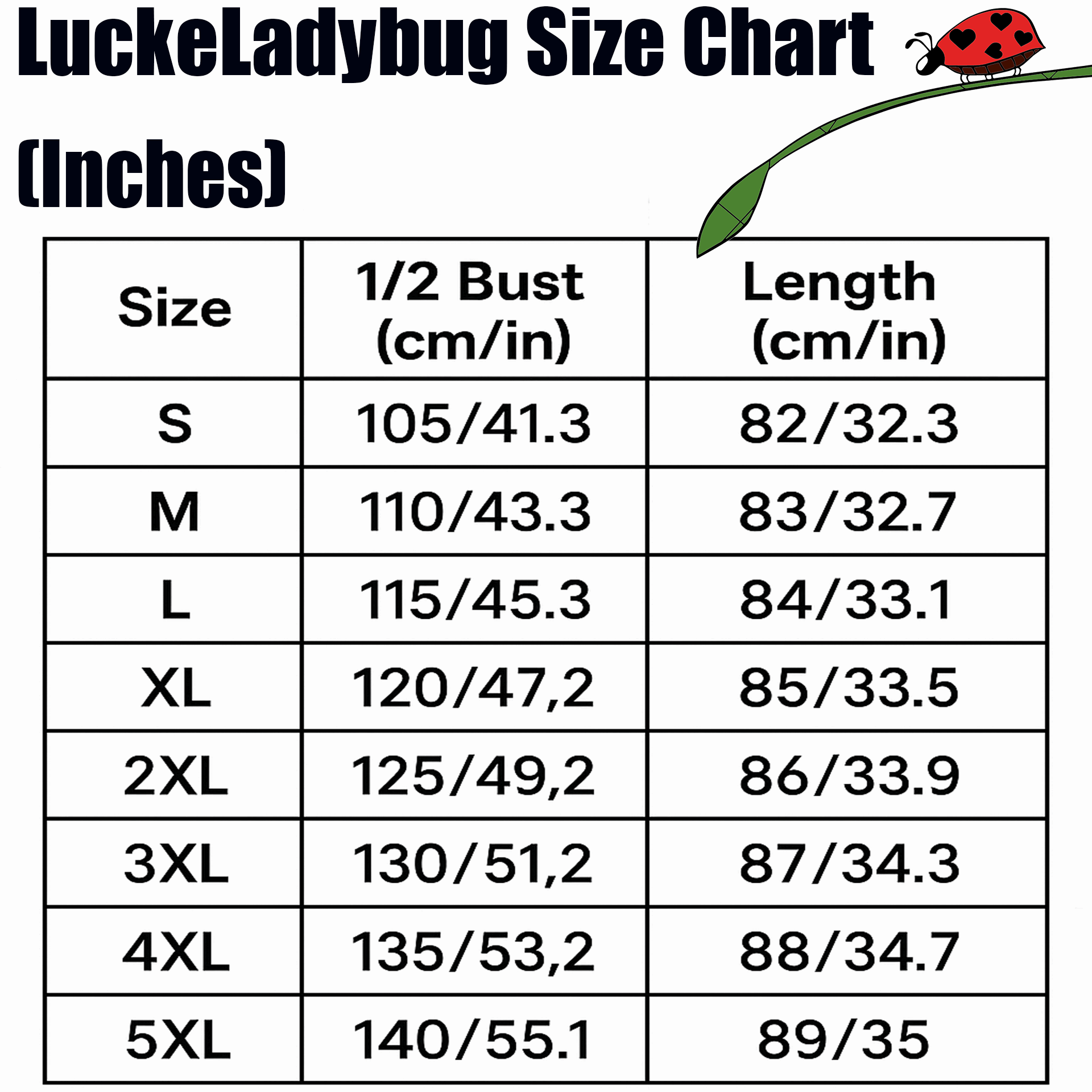 LuckeLadybug size chart for African print beach skirt with bust and length measurements in inches and cm