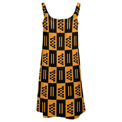 African print beach skirt styled as sleeveless orange and black checkered beach dress