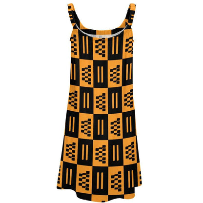 African print beach skirt dress with black and orange geometric patterns and sleeveless straps