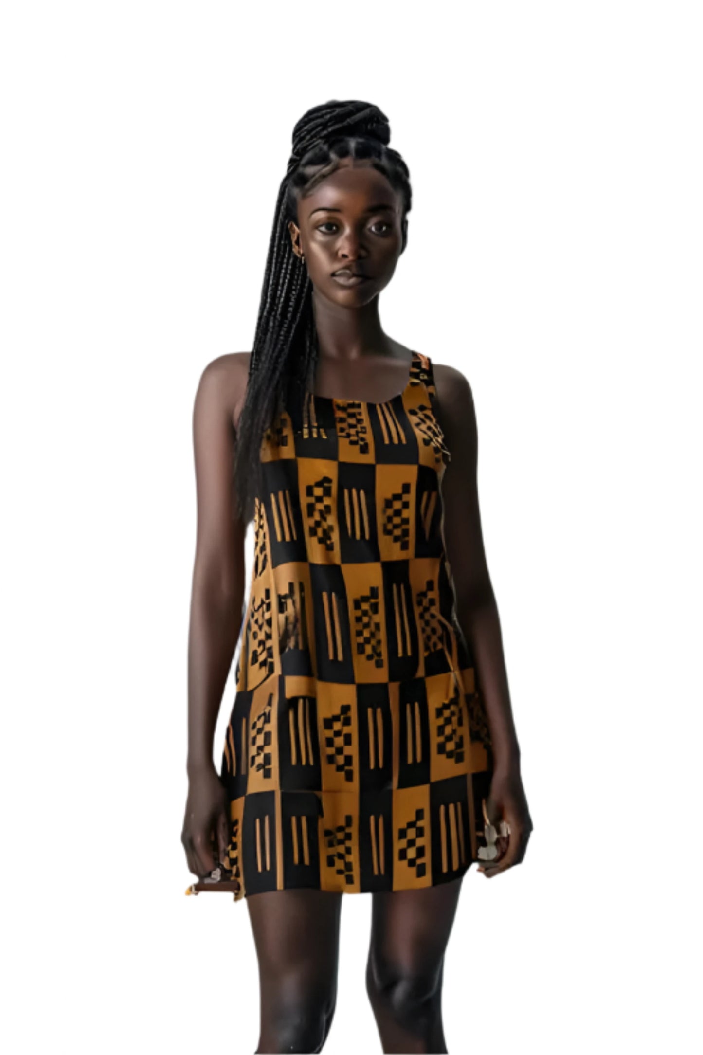 African print beach skirt dress with black and mustard geometric patterns