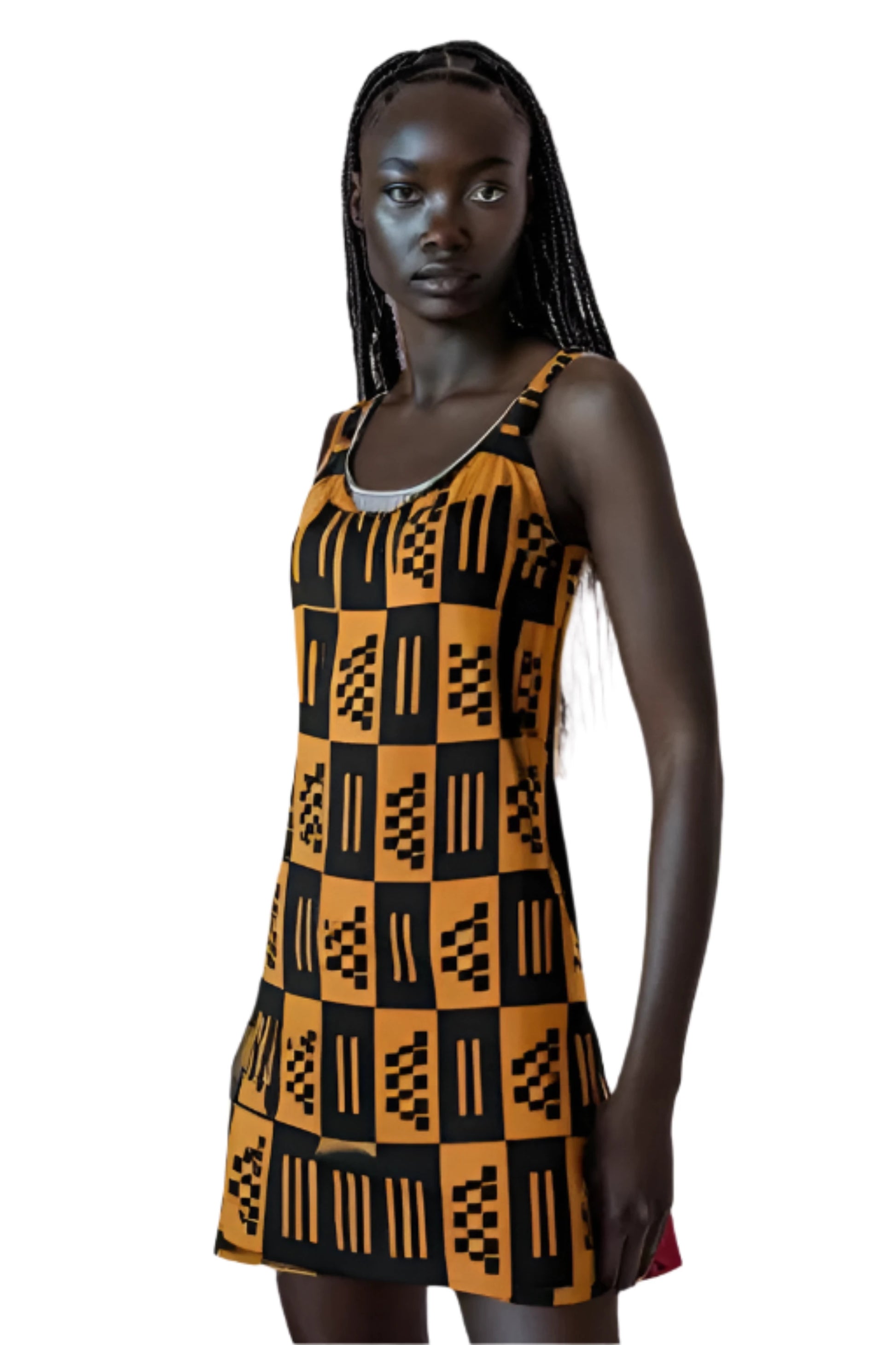 African print beach skirt dress in black and orange geometric pattern worn by model