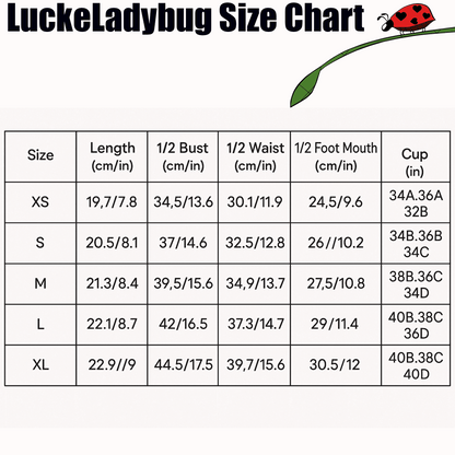 Size chart for LuckeLadybug bikini set showing measurements in centimeters and inches for sizes XS to XL