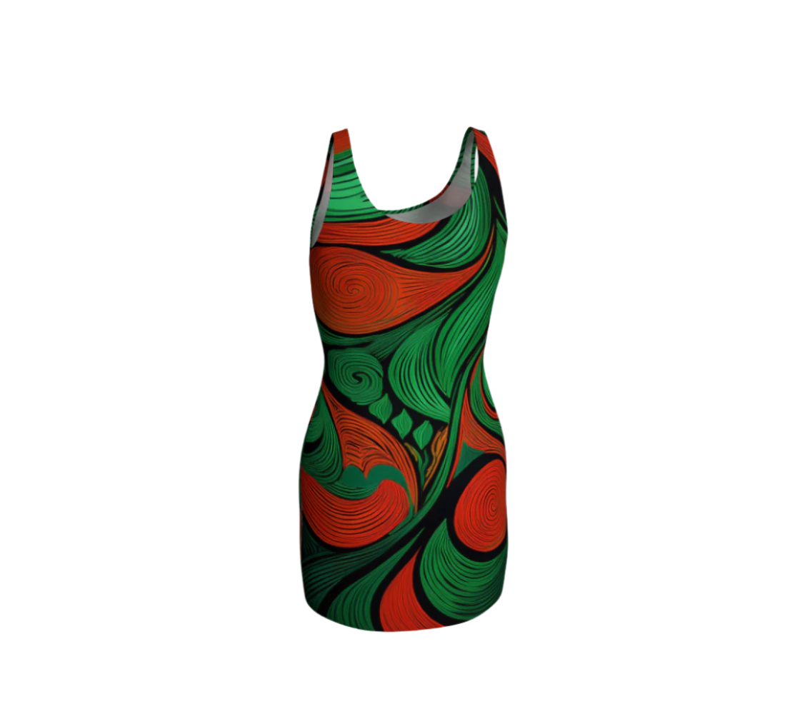 Printful African print bodycon dress with vibrant green and orange abstract swirl patterns