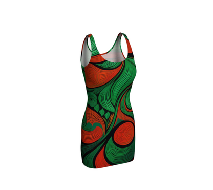 Printful vibrant African print bodycon dress with green and orange swirling patterns