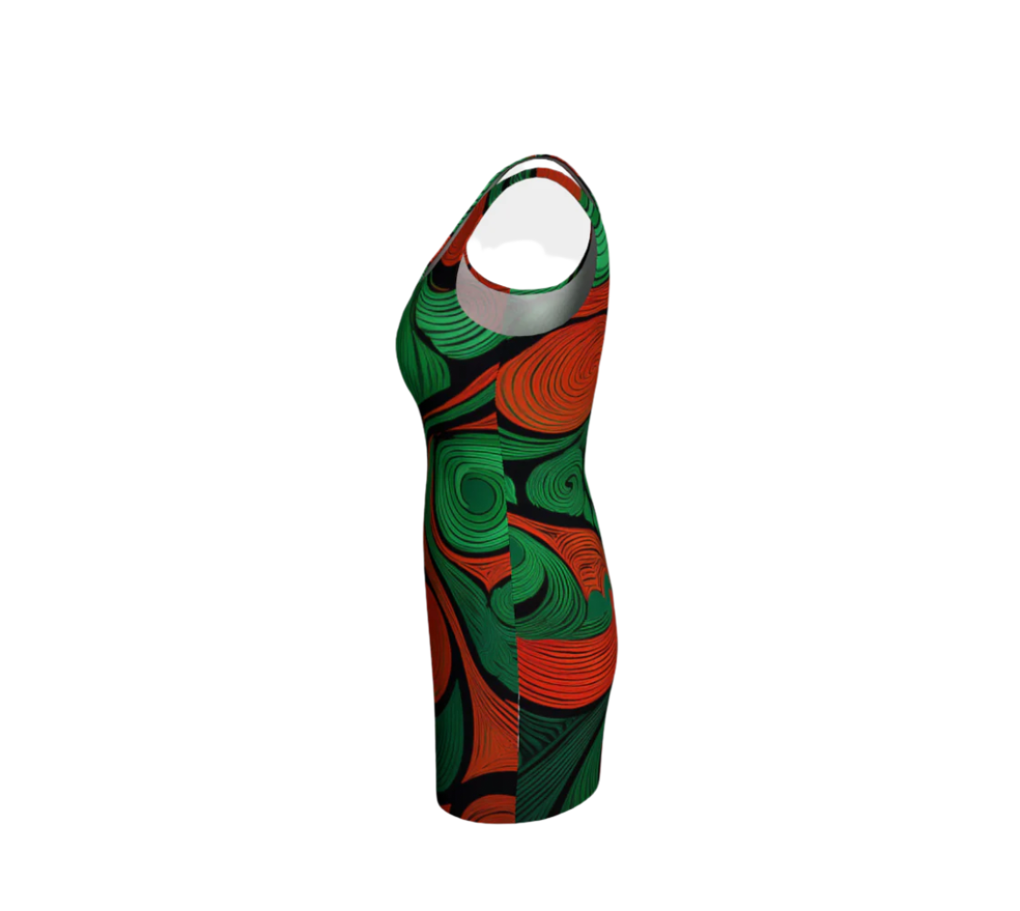 Printful African print bodycon dress in green and orange swirl pattern, sleeveless and fitted style