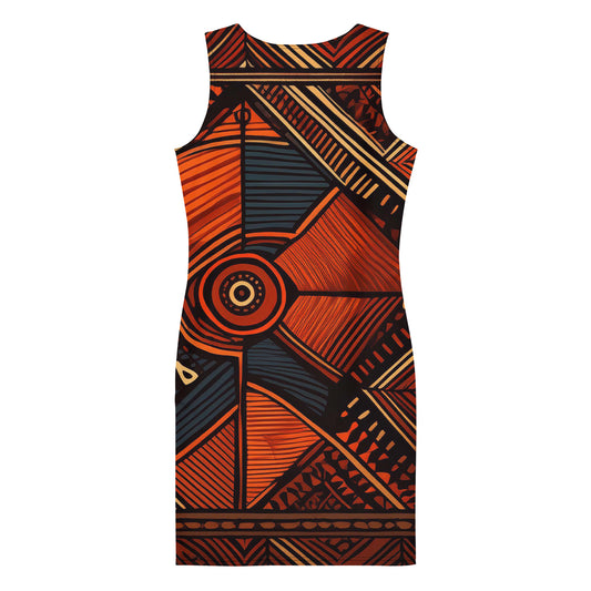 LuckeLadybug African print bodycon dress in vibrant orange and black geometric patterns