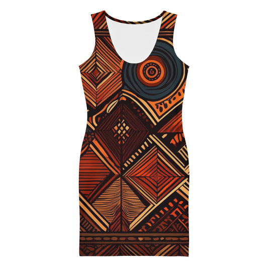 LuckeLadybug African print bodycon dress with bold geometric patterns in orange and black