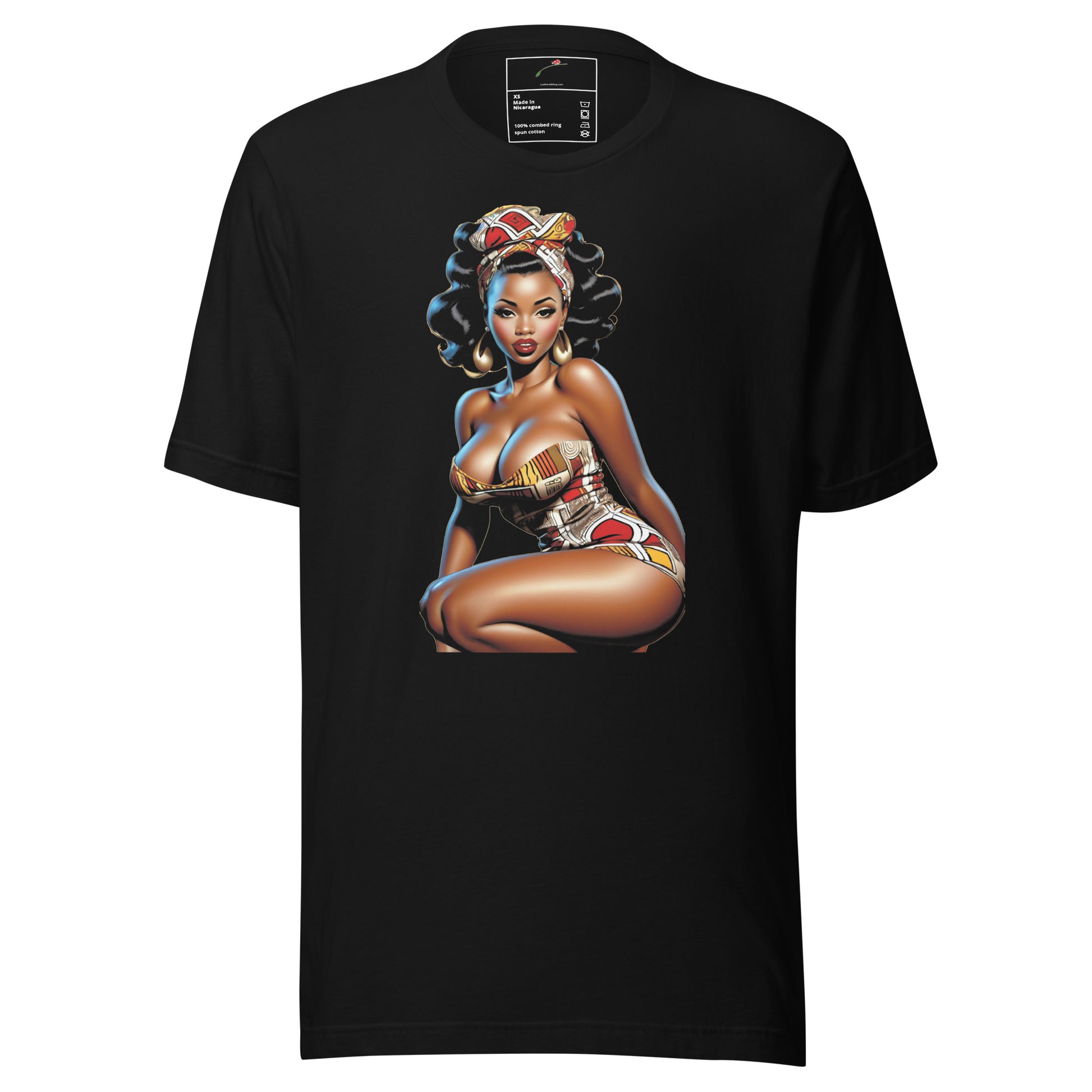Black T-shirt with vibrant African queen illustration shirt design featuring a seated queen in colorful traditional attire