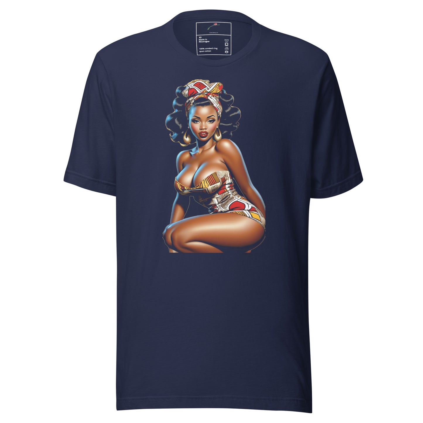 Navy T-shirt featuring African queen illustration shirt design by LuckeLadybug with vibrant colors