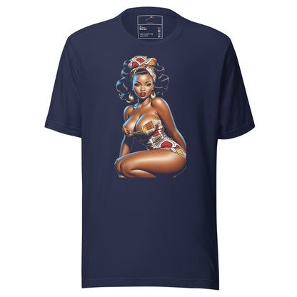 Navy T-shirt featuring African queen illustration shirt design by LuckeLadybug with vibrant colors