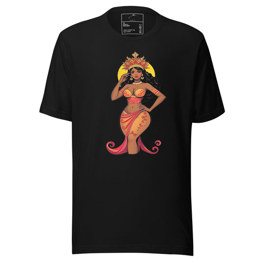 Black African Queen T-Shirt by LuckeLadybug featuring a colorful illustration of a confident African queen in traditional attire