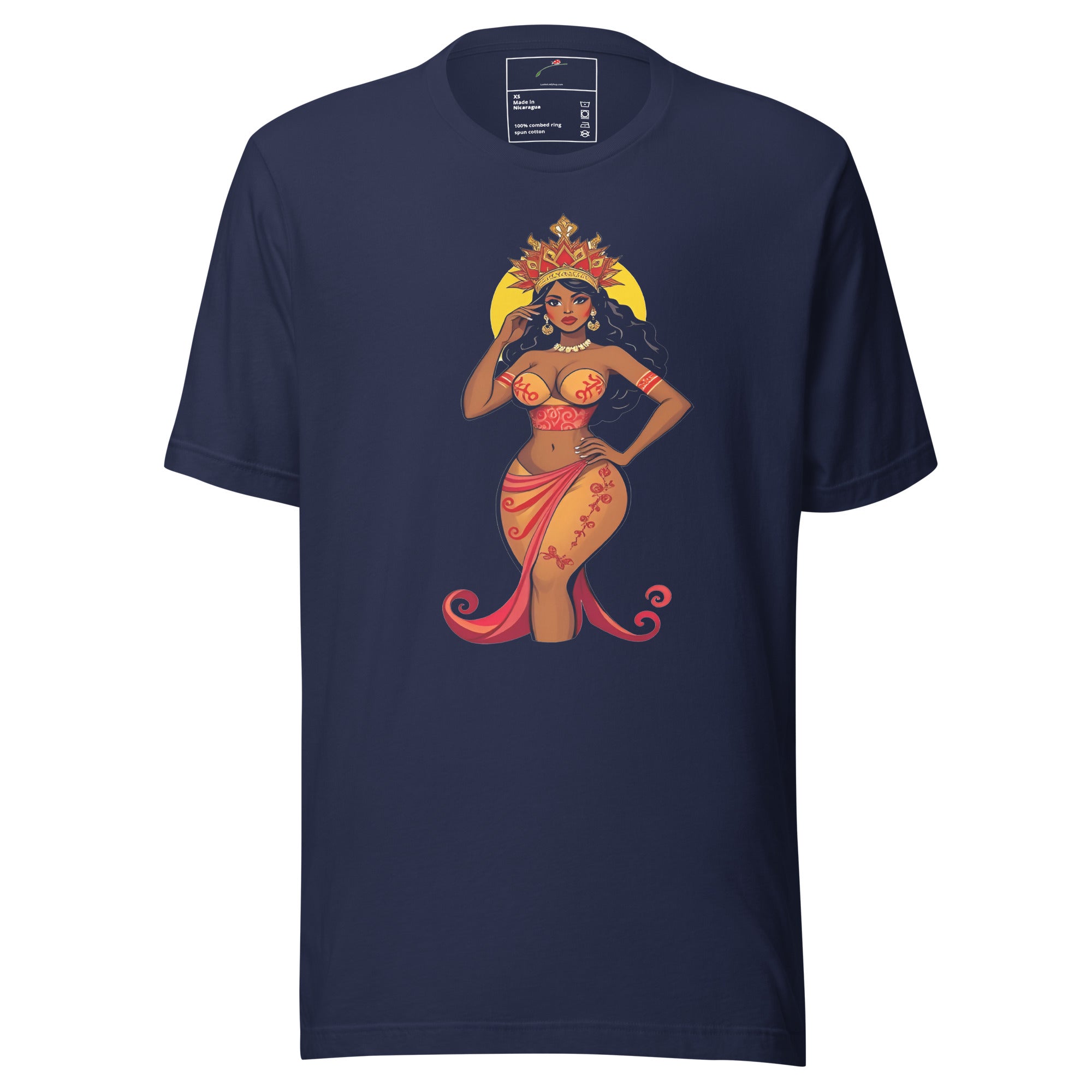 Navy blue African Queen T-Shirt by LuckeLadybug featuring a vibrant African queen graphic with crown and traditional attire