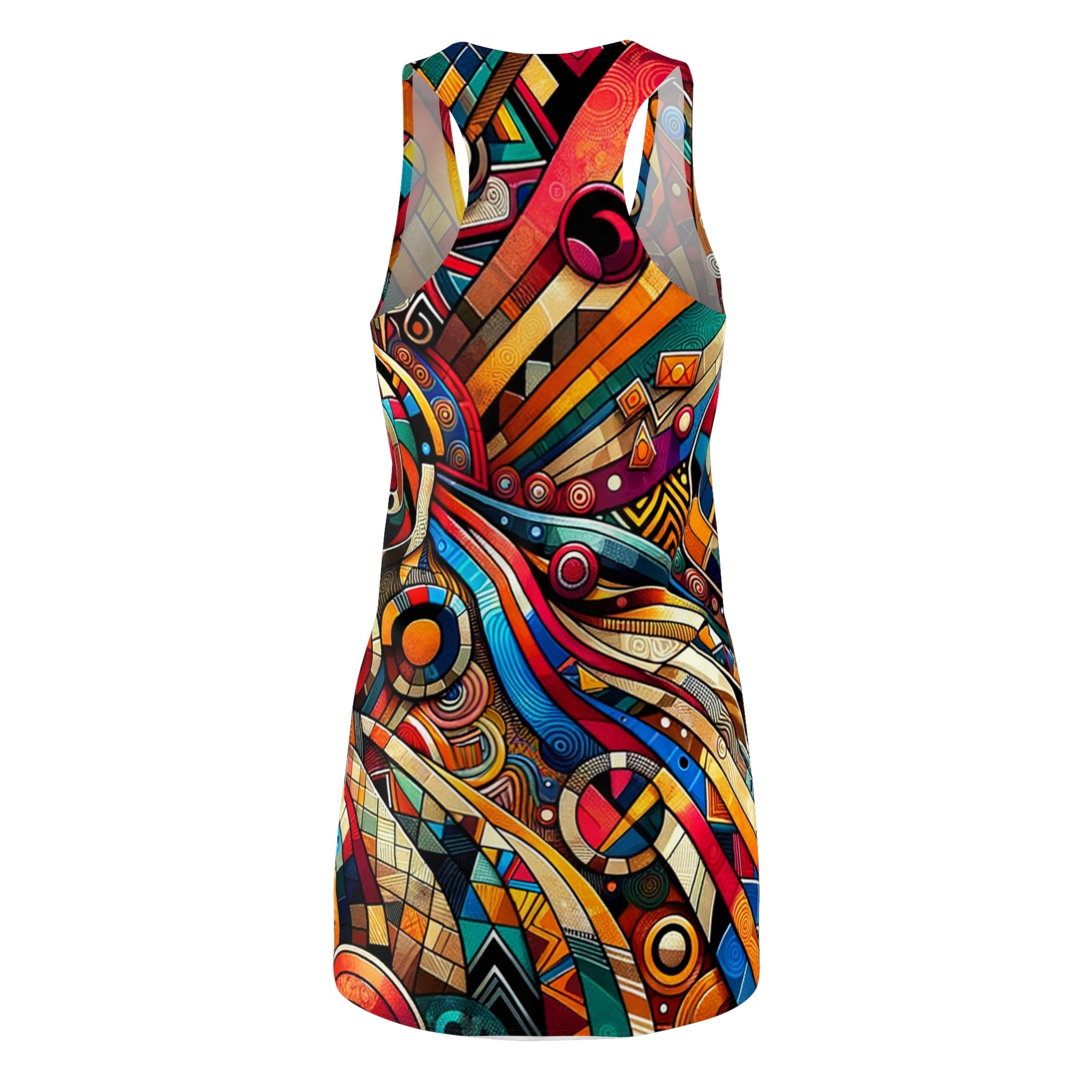 African style racerback dress with vibrant multicolor abstract geometric patterns