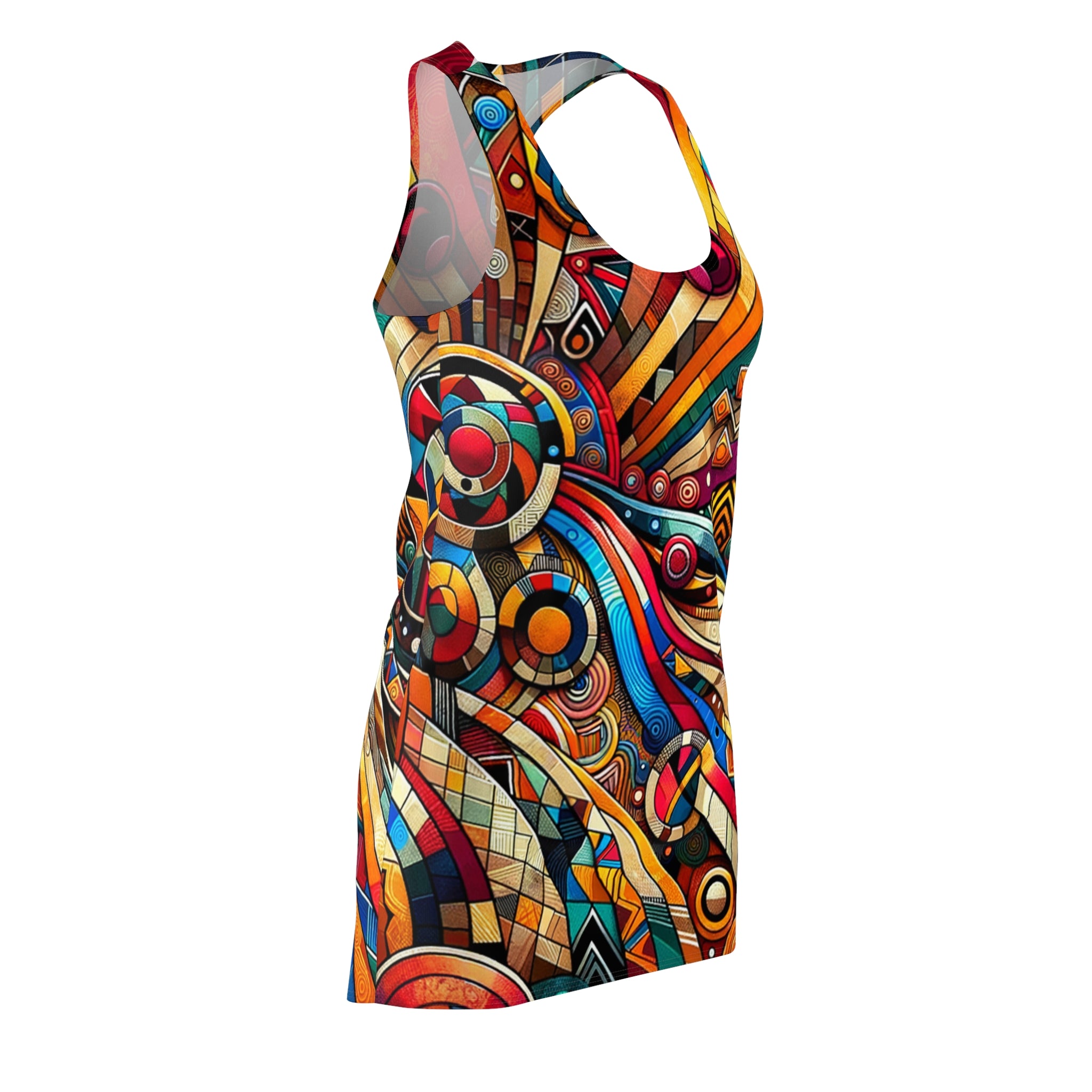 Colorful African style racerback dress with vibrant geometric and abstract