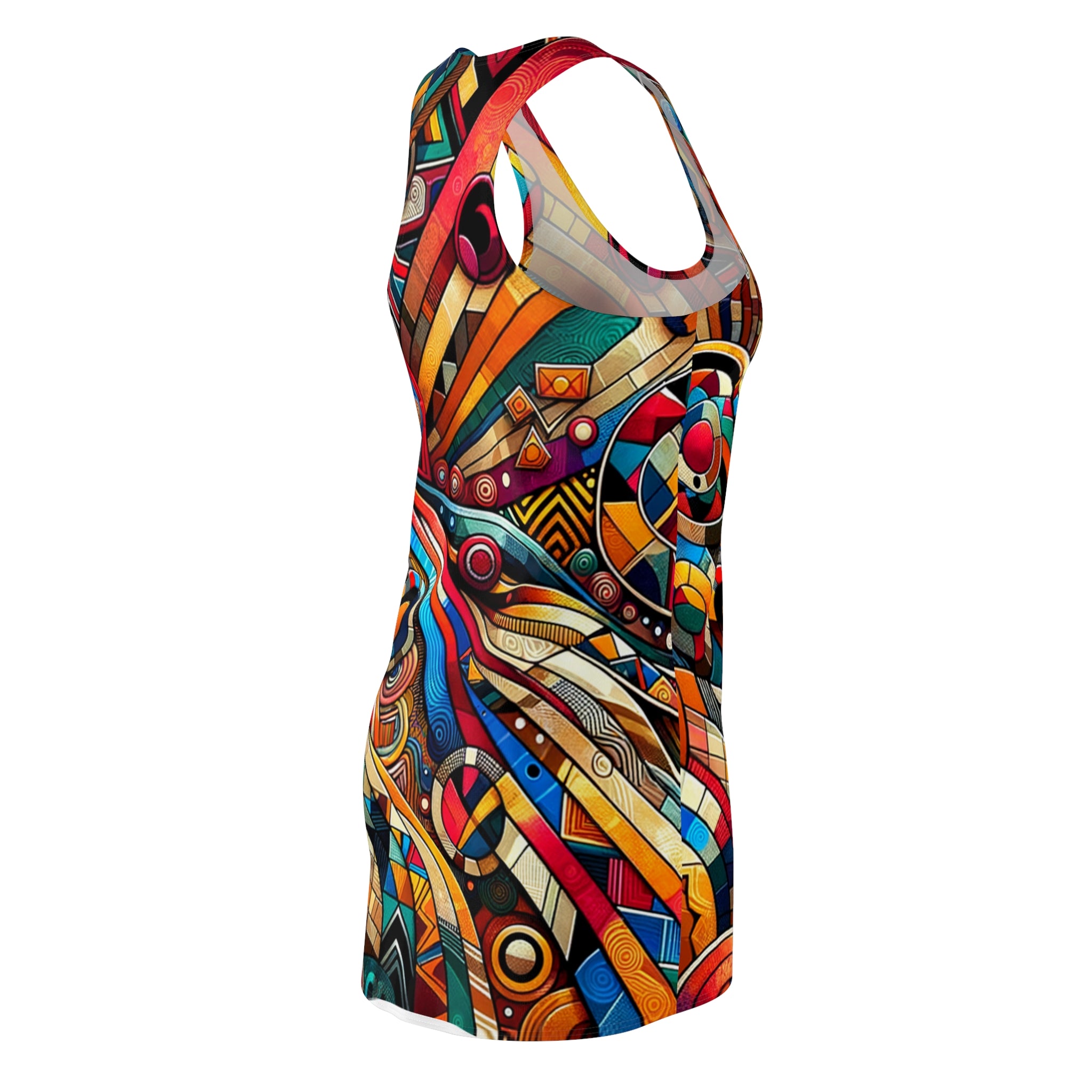 African style racerback dress with vibrant multicolor abstract tribal patterns