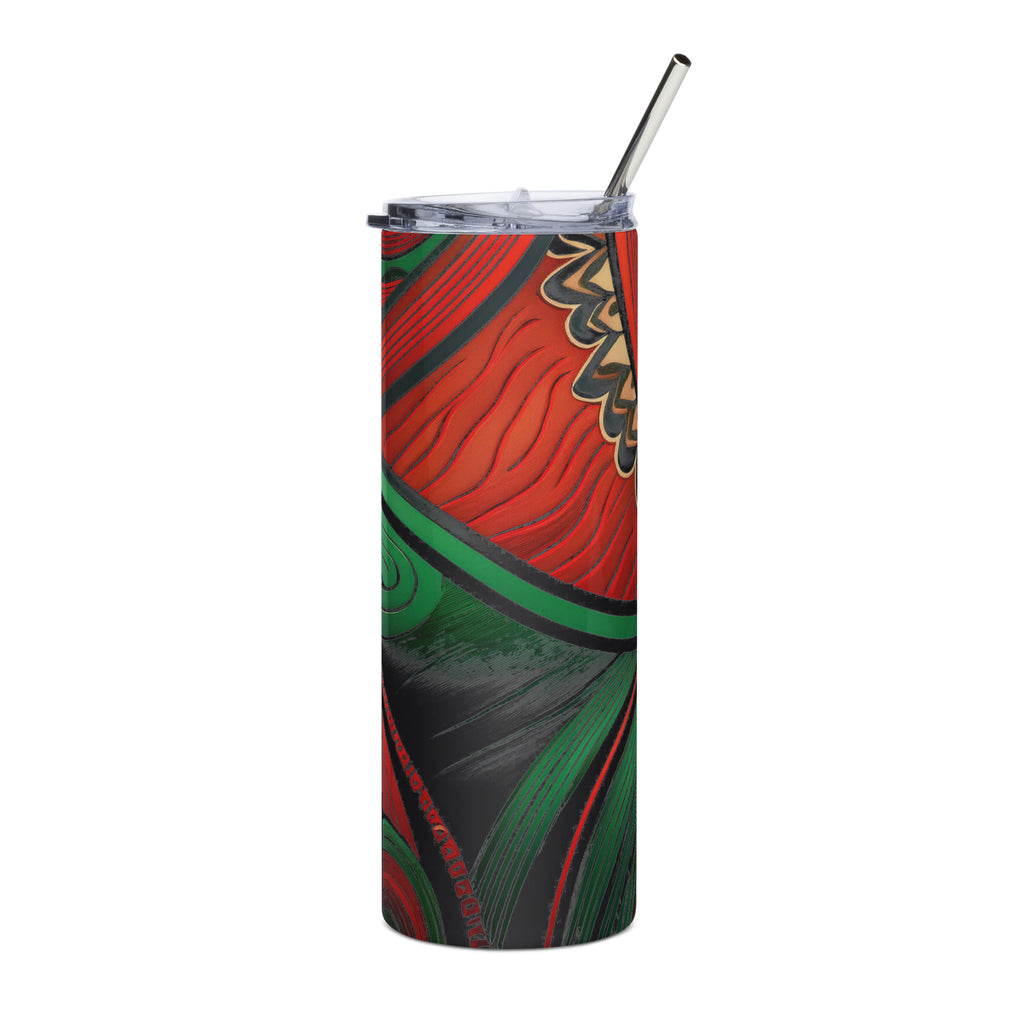 African style stainless steel tumbler with vibrant red green and black abstract patterns and metal straw