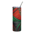 African style stainless steel tumbler with vibrant red green and black abstract patterns and metal straw