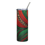 African style stainless steel tumbler with red and green tribal patterns and metal straw