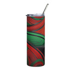African style stainless steel tumbler with red and green abstract swirl design and metal straw