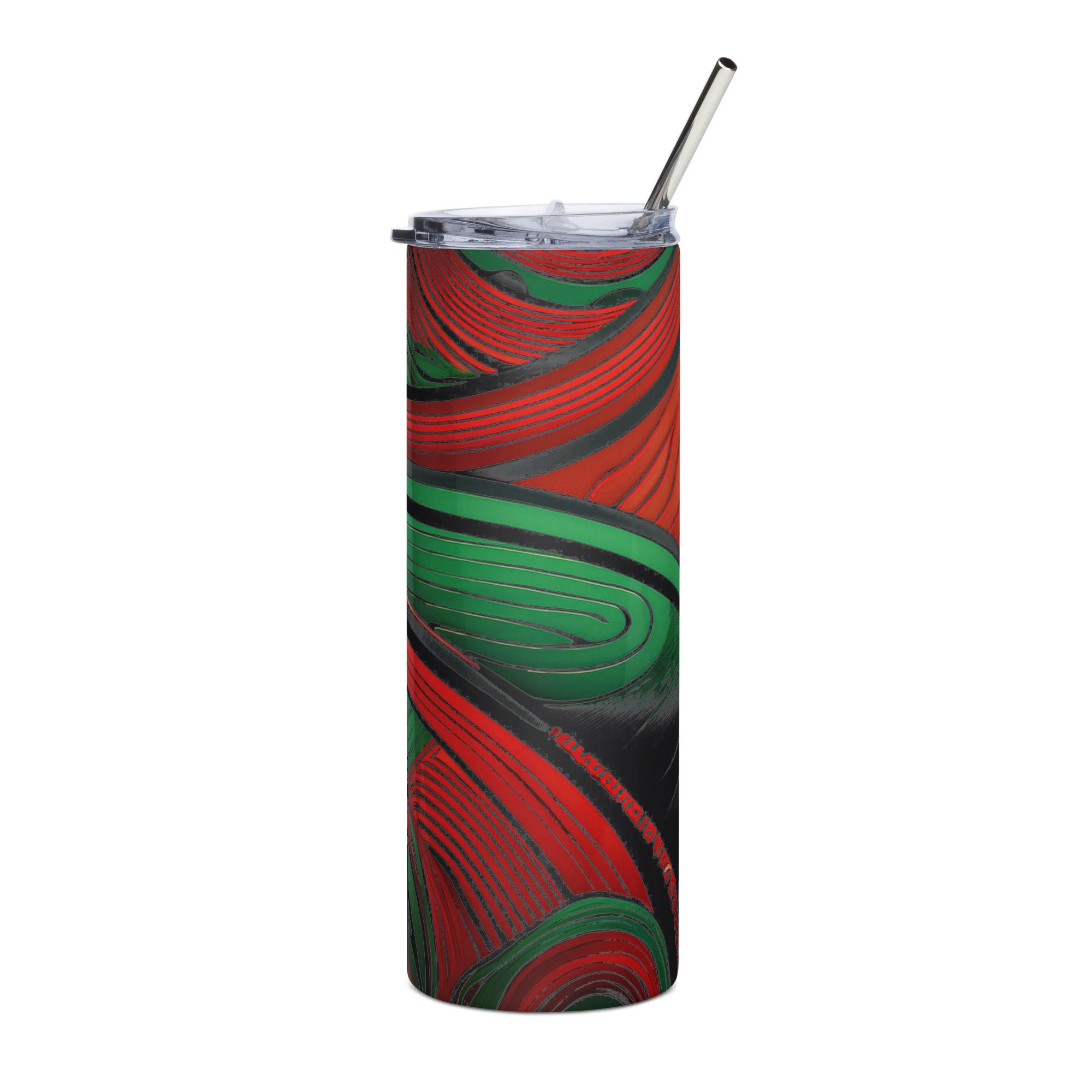 African style stainless steel tumbler with red and green abstract swirl design and metal straw
