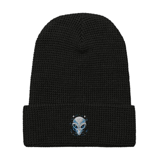 Black alien embroidery waffle beanie with blue alien face design by LuckeLadybug