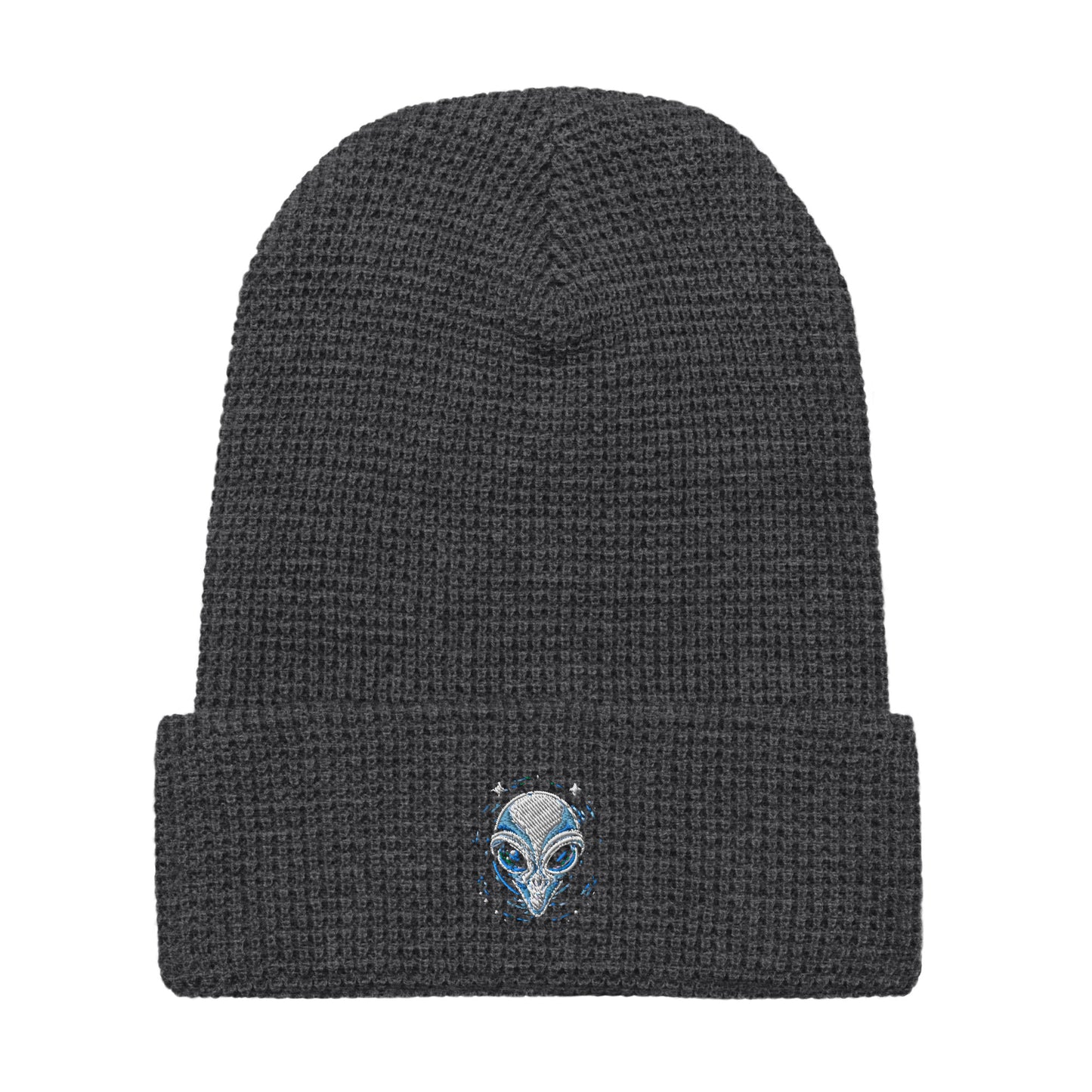 LuckeLadybug alien embroidery waffle beanie in charcoal gray knit with small blue alien face on cuff