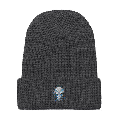 LuckeLadybug alien embroidery waffle beanie in charcoal gray knit with small blue alien face on cuff