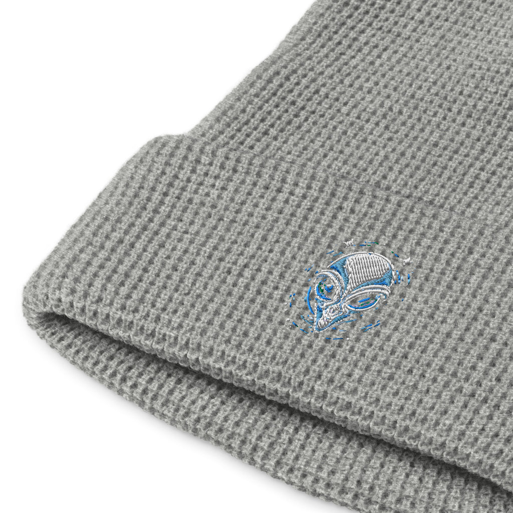 Gray alien embroidery waffle beanie by LuckeLadybug with textured knit pattern