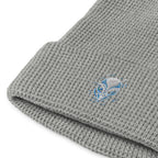 Gray alien embroidery waffle beanie by LuckeLadybug with textured knit pattern
