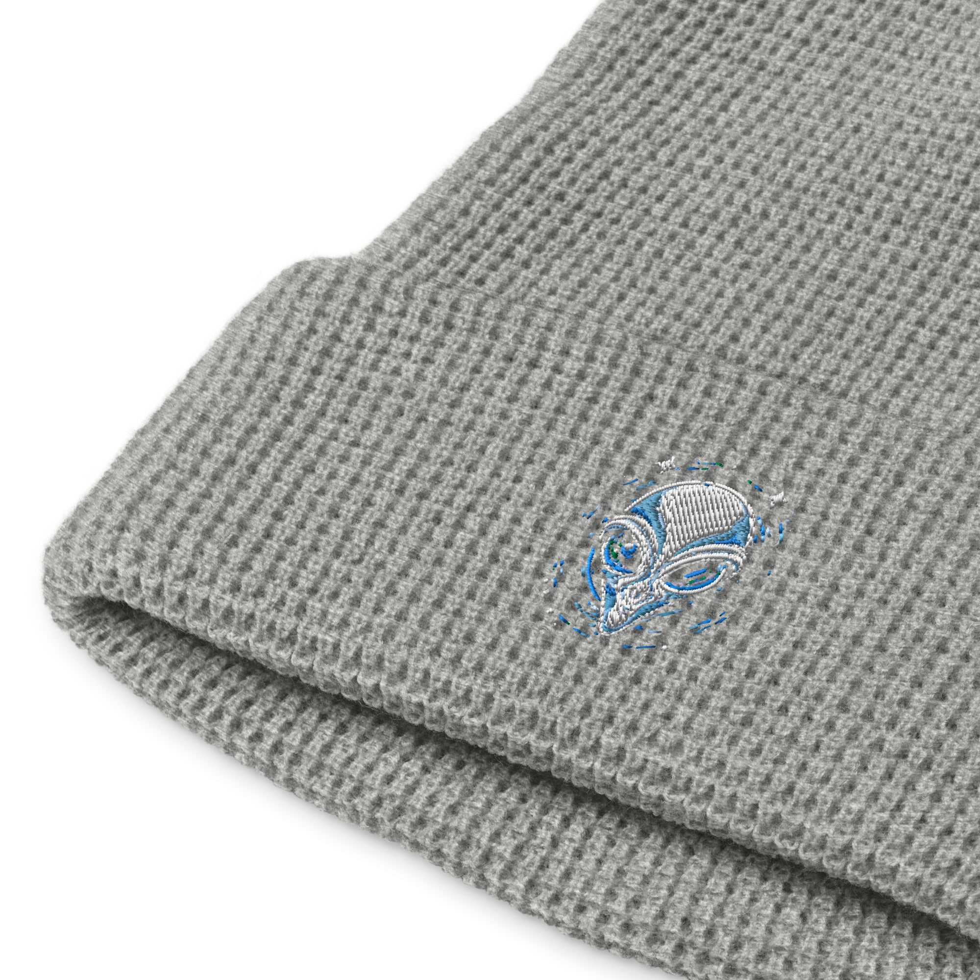 Gray alien embroidery waffle beanie by LuckeLadybug with textured knit pattern