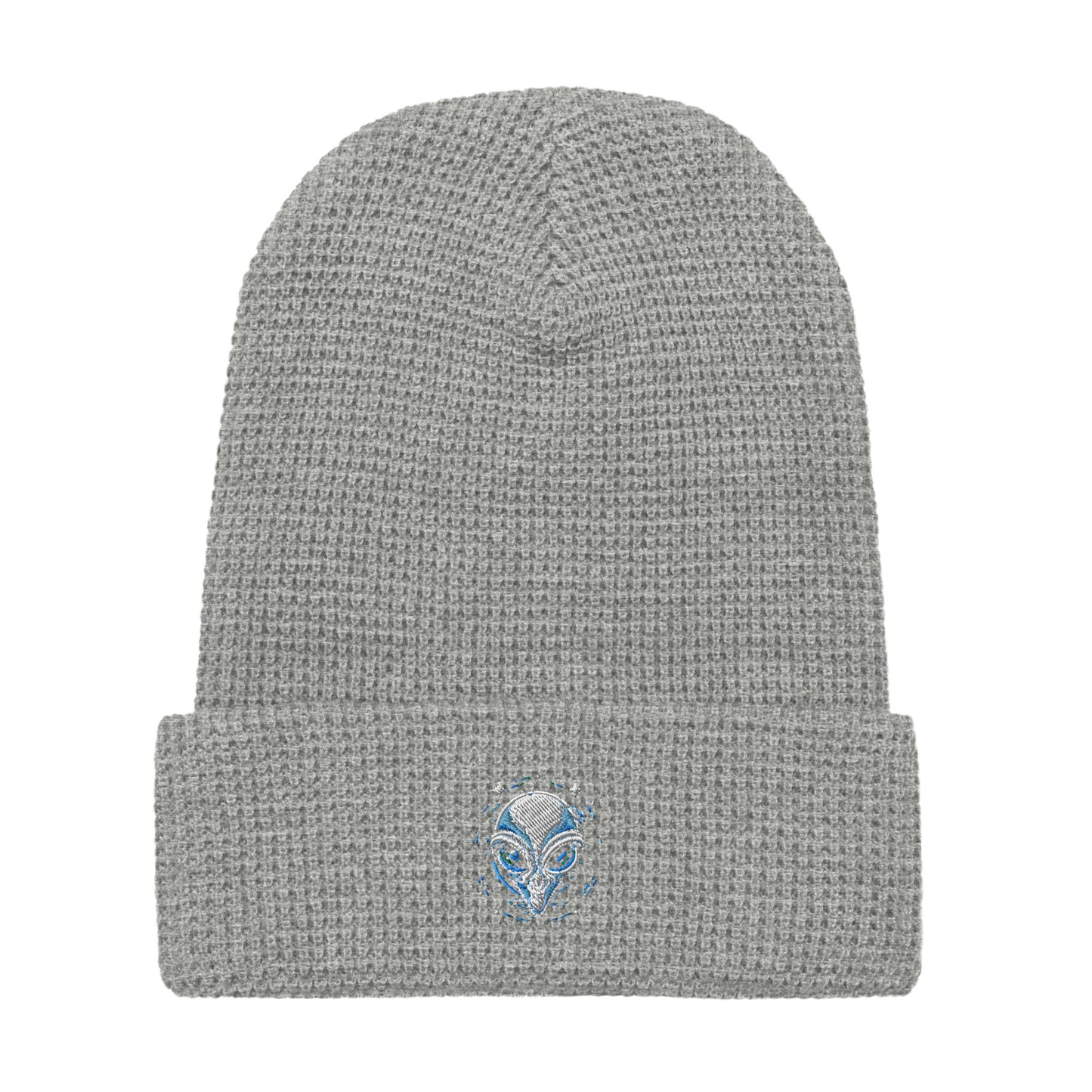 Gray LuckeLadybug alien embroidery waffle beanie with blue alien face design on front cuff