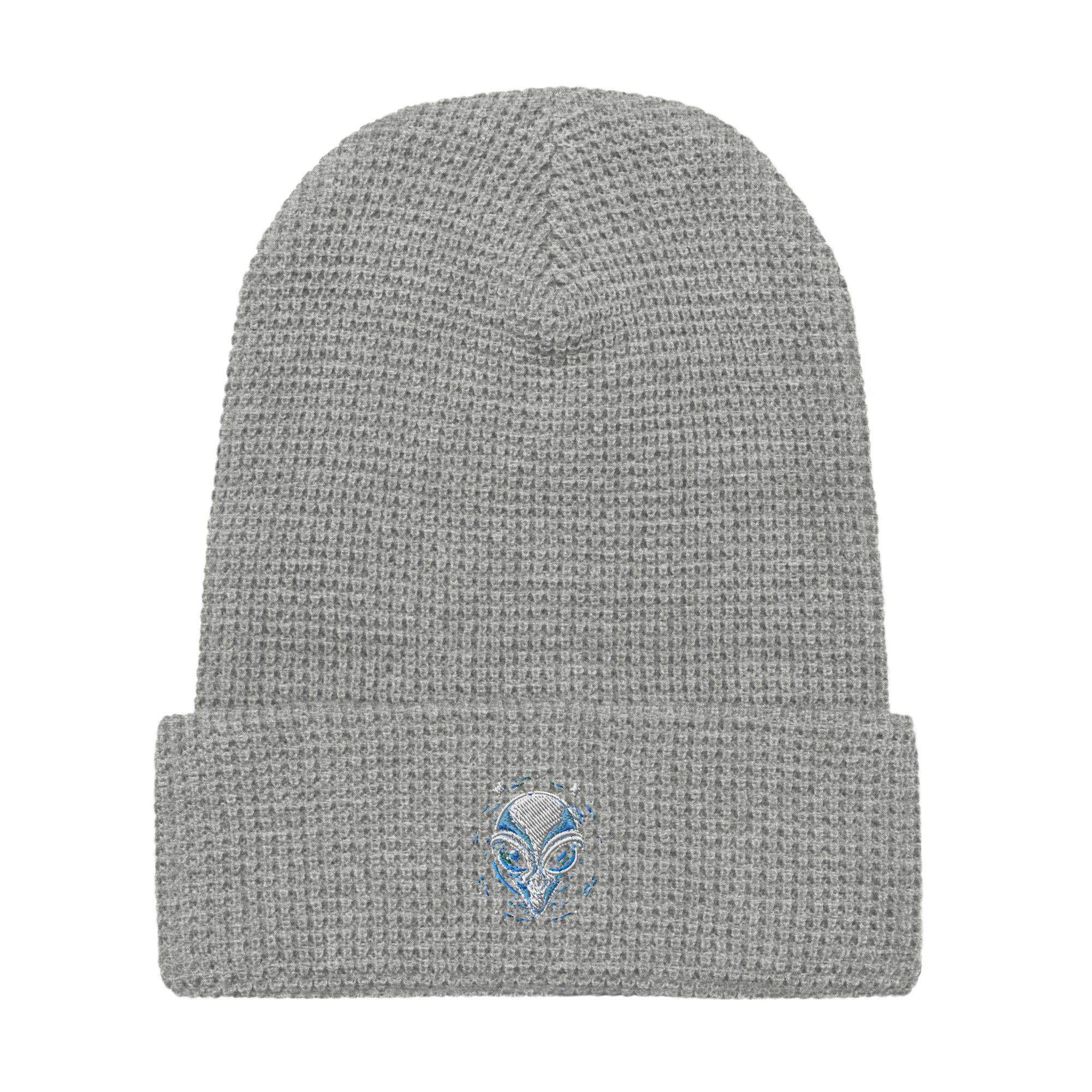 Gray LuckeLadybug alien embroidery waffle beanie with blue alien face design on front cuff
