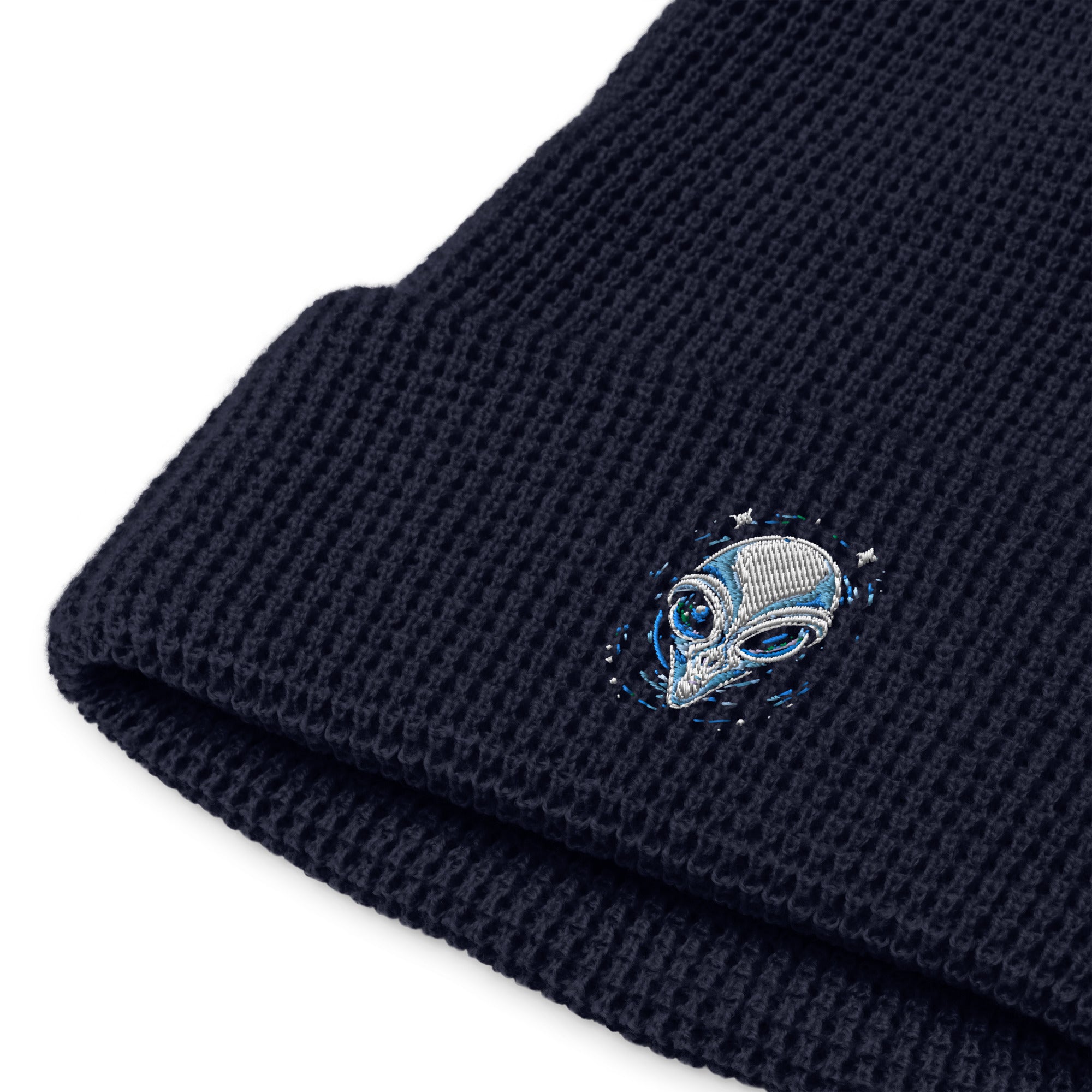 Black alien embroidery waffle beanie with textured knit fabric by LuckeLadybug