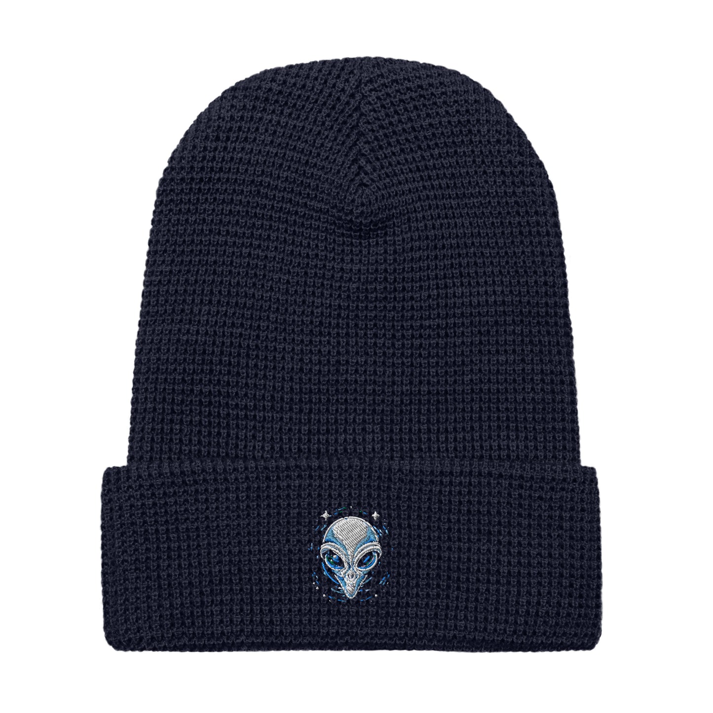 LuckeLadybug navy blue alien embroidery waffle beanie with folded cuff and detailed alien face design