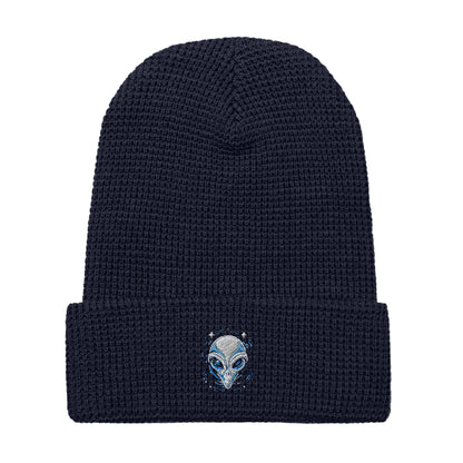 LuckeLadybug navy blue alien embroidery waffle beanie with folded cuff and detailed alien face design