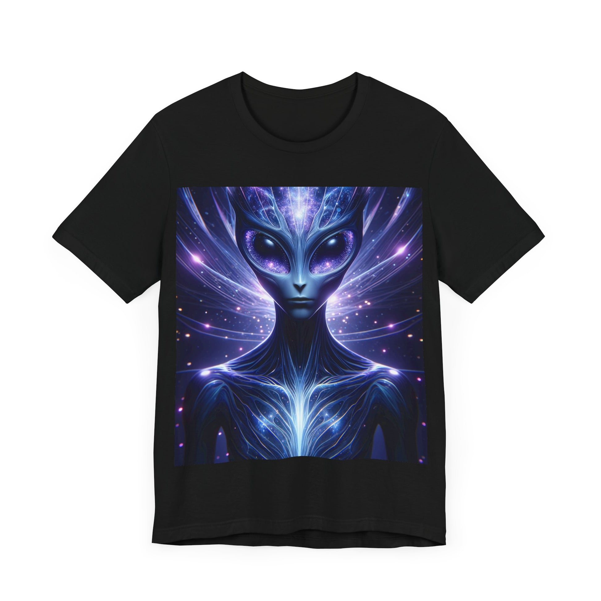 Men's black alien galaxy t-shirt for men featuring a vibrant alien graphic design