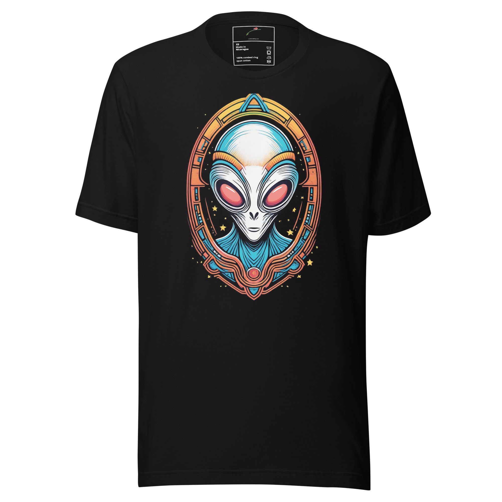  alien head graphic t-shirt with colorful futuristic alien design on front