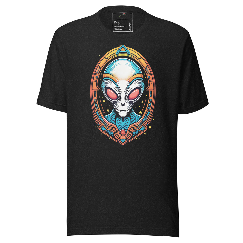 Black LuckeLadybug alien head graphic t-shirt with colorful futuristic alien design on front
