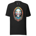 Black LuckeLadybug alien head graphic t-shirt with colorful futuristic alien design on front