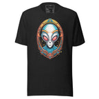 Black LuckeLadybug alien head graphic t-shirt with colorful futuristic alien design on front