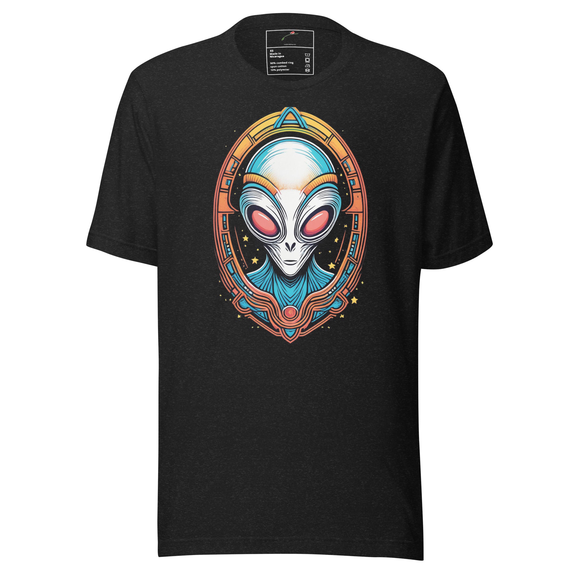 Black LuckeLadybug alien head graphic t-shirt with colorful futuristic alien design on front