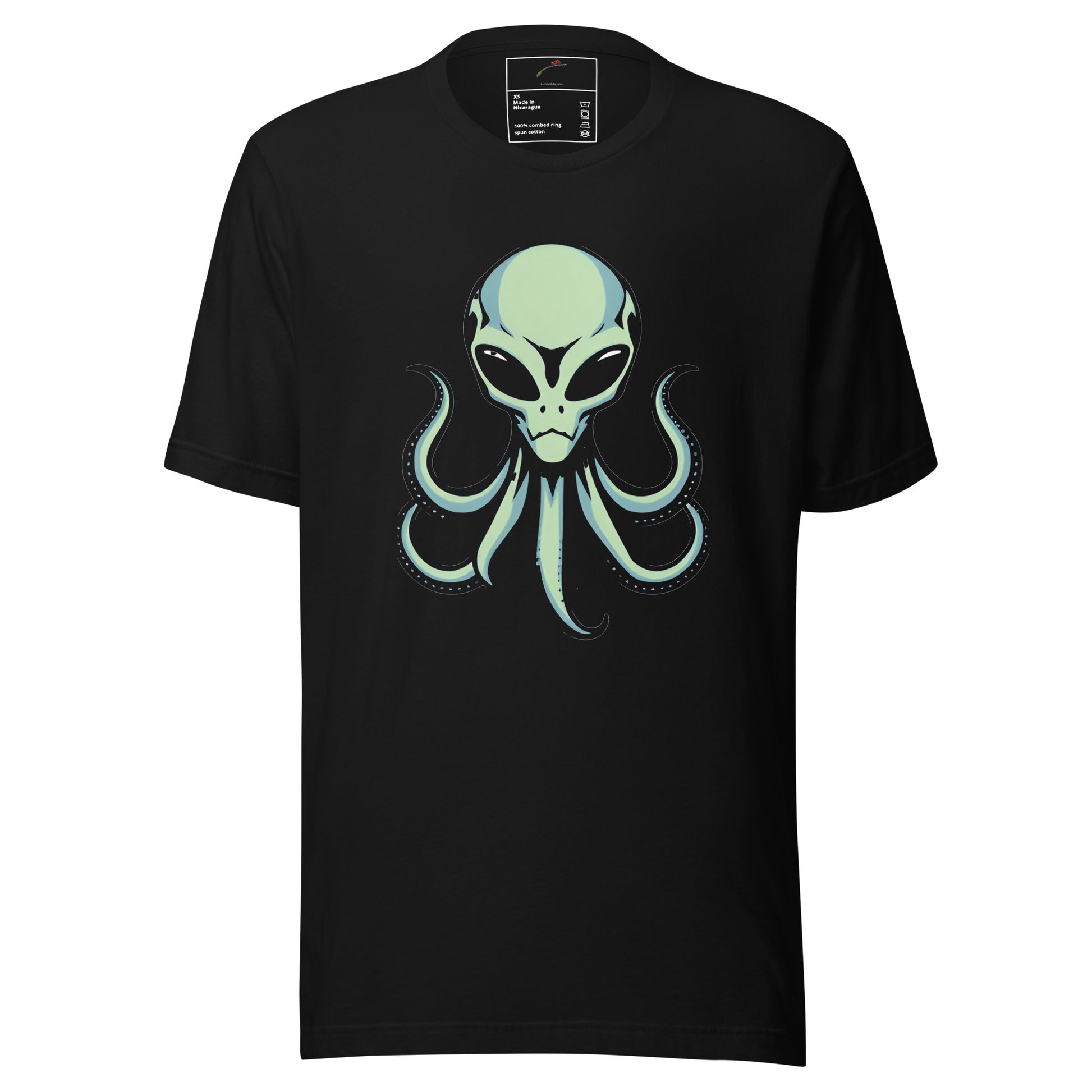 Black alien octopus men’s t-shirt featuring a unique alien and octopus design