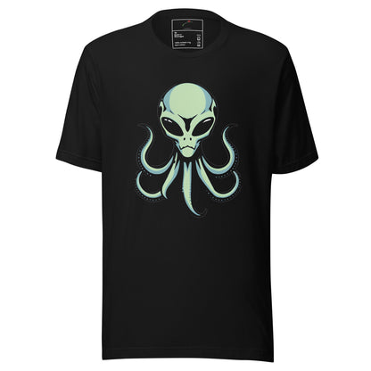 Black alien octopus men’s t-shirt featuring a unique alien and octopus design