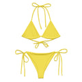 Yellow all-over print bikini for summer with adjustable tie straps and triangle top design